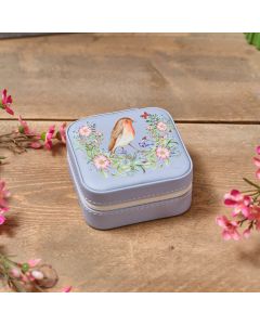 GARDEN BIRDS BLUE FLORAL ROBIN KEEPSAKE JEWELLERY BOX PU MATERIAL