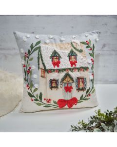 HOLLY COTTAGE SCENE EMBROIDERED COTTON VELVET CUSHION