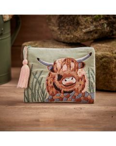 DOUGAL HIGHLAND COW POUCH PALE GREEN VELVET EMBROIDERED FABRIC