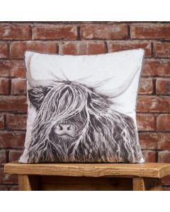HIGHLAND COW CUSHION GREYSCALE FABRIC WITH GREY PIPING