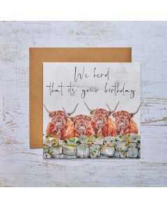 HIGHLAND COW HERD BIRTHDAY CARD GREY WITH STONE WALL