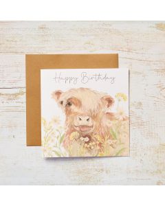 HIGHLAND COW FLORAL BIRTHDAY CARD WITH YELLOW FLOWERS