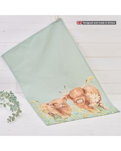 HIGHLAND COW FLORAL TEA TOWEL PALE GREEN 100% COTTON UK MADE