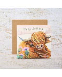 HIGHLAND COW WITH THISTLES HAPPY BIRTHDAY CARD