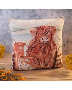 RUSTY THE HIGHLAND COW HAND PAINTED FABRIC CUSHION