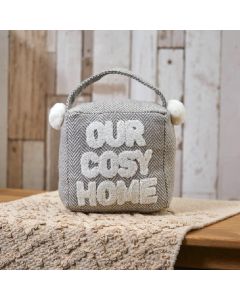COSY HOME DOORSTOP GREY HERRINGBONE FABRIC WITH TEXTURED QUOTE++