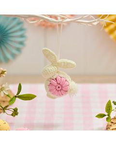WOOL HANGING BUNNY WITH PINK FLOWER HANGER+