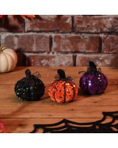 SPOOKTACULAR SEQUIN POLYESTER PUMPKIN ORNAMENT 3 ASSTD