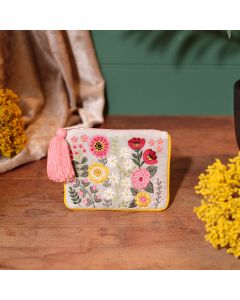 FLORAL LUXE COTTON VELVET EMBROIDERED PURSE WITH BEADS SEQUINS AND TASSEL