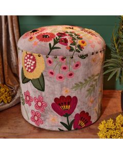 FLORAL LUXE MANGO WOOD POUFFE VELVET FABRIC WITH HAND EMBROIDERY AND FILLER GREY