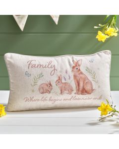 MEADOW FIELDS RECTANGLE FAMILY BUNNY POLYESTER/LINEN BLEND PRINTED CUSHION WITH ZIP