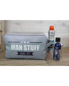 MAN STUFF WASH BAG GREY PU WITH QUOTE & BANNER