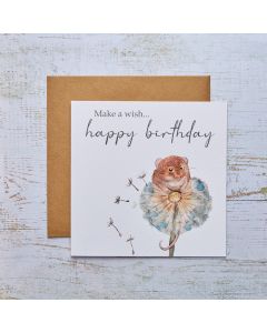 MOUSE BIRTHDAY CARD WHITE WITH BLUE DANDELION MAKE A WISH