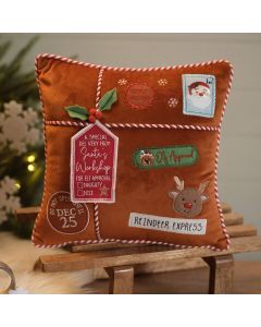 SANTAS MAGICAL FEAST FABRIC SPECIAL DELIVERY CUSHION WITH EMBROIDERY AND APPLIQUES