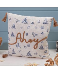 COASTAL AHOY CUSHION PRINTED FABRIC WITH ROPE WORD & TASSELS