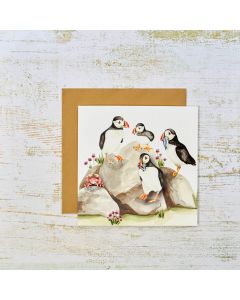 PUFFINS AND CRAB ON ROCKS CARD