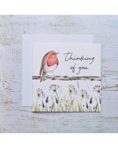 ROBIN THINKING OF YOU CARD WHITE WITH BRANCH & COW PARSLEY