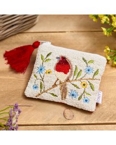 BEADED ROBIN PURSE CREAM FLORAL FABRIC WITH SEQUINS & TASSEL ZIP