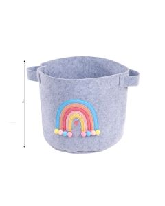 RED RAINBOW FELT STORAGE BASKET GREY FABRIC WITH POM POMS*++