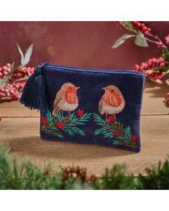 CHRISTMAS ROBIN EMBROIDERY COTTON VELVET WITH GLASS BEADS NAVY POUCH WITH TASSEL