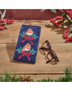 CHRISTMAS ROBIN EMBROIDERY COTTON VELVET WITH GLASS BEADS NAVY GLASSES CASE