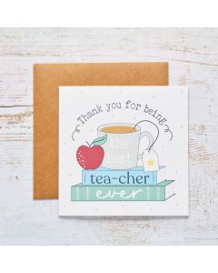 BEST TEACHER CARD WHITE WITH TEA BOOKS & APPLE
