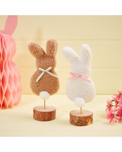BUNNY ORNAMENT 2 ASSTD TEDDY FABRIC STANDING ON BLOCK