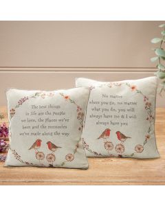ROBIN MEMORY CUSHION 2 ASSTD WITH FLORAL WREATH