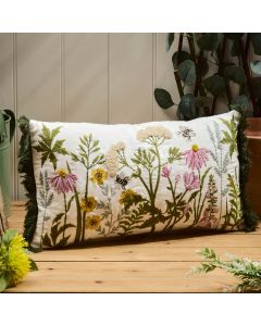 WILDFLOWERS EMBROIDERED 100% COTTON CUSHION WITH FRINGING