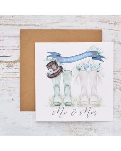 WEDDING CARD MR & MRS WITH BLUE BANNER WELLIES & TOP HAT