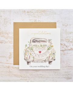 CONGRATULATIONS JUST MARRIED CAR WITH FLOWERS GOLD FOIL CARD