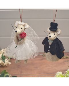 WEDDING MR & MRS MOUSE POLYESTER FELT HANGER 2 ASST
