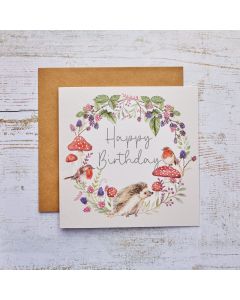 ROBIN BIRTHDAY CARD WITH HEDGEHOG & AUTUMN FOLIAGE