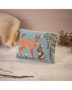 WOODLAND ANIMALS VELVET POUCH WITH EMBROIDERY AND TASSEL