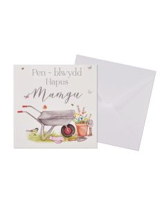 WELSH MAMGU BIRTHDAY CARD GARDEN WITH WHEELBARROW
