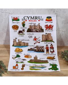 WELSH CYMRU ICON COTTON SOUVENIR TEA TOWEL WITH BELLY BAND