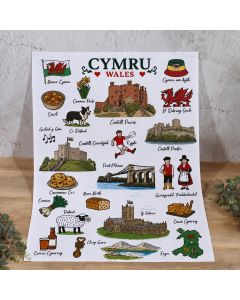 WELSH CYMRU ICON COTTON SOUVENIR TEA TOWEL WITH BELLY BAND