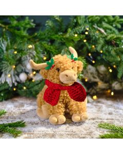 XMAS HIGHLAND COW DOORSTOP BROWN FLEECE FABRIC WITH HOLLY