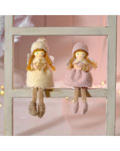 CHRISTMAS GIRL PINK AND WHITE MATERIAL WITH BOBBLE HAT AND PIG TAILS 2 SHELF SITTER