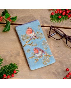 FESTIVE ROBIN VELVET GLASSES CASE WITH EMBROIDERY AND BEADS