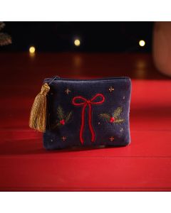 MERRY LITTLE BOWS EMBROIDERY COTTON VELVET NAVY PURSE WITH GOLD TASSEL