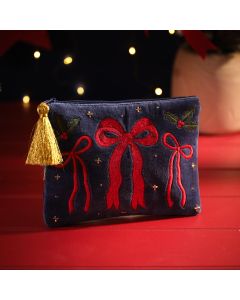 MERRY LITTLE BOWS EMBROIDERY COTTON VELVET NAVY POUCH WITH GOLD TASSEL