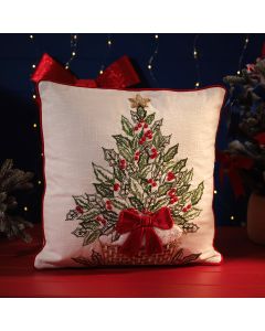 MERRY LITTLE BOWS COTTON CUSHION WITH TREE EMBROIDERY AND APPLIQUE BOW