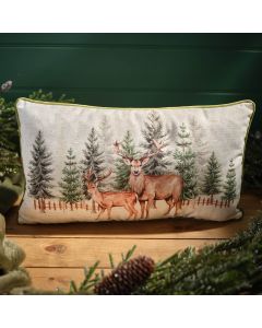 EVERGREEN TREE AND STAG PRINTED POLYESTER/LINEN RECTANGULAR CUSHION WITH ZIP