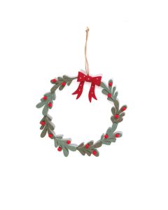 HOLLIES AND BERRIES POLYESTER FABRIC MISTLETOE WREATH WITH RED BOW HANGER