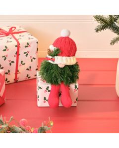 HOLLIES AND BERRIES FAUX FOLIAGE GONK WITH KNITTED HAT DECORATIVE FABRIC SITTING ORNAMENT