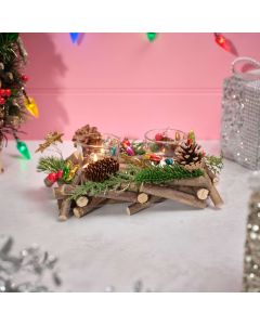 KITSCHMAS FESTIVE FAUX DOUBLE CANDLE HOLDER WITH COLOURED STRING OF LIGHTS EXTRA DETAIL