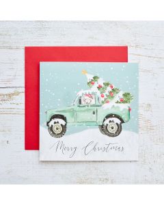 XMAS FARM LAMB ROVER CARD WITH SNOWY SKY & TREE