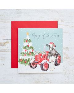 XMAS FARM TRACTOR CARD WITH COW & TREE