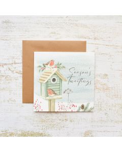 XMAS SEASONS TWEETINGS CARD WITH ROBINS & BIRD BOX